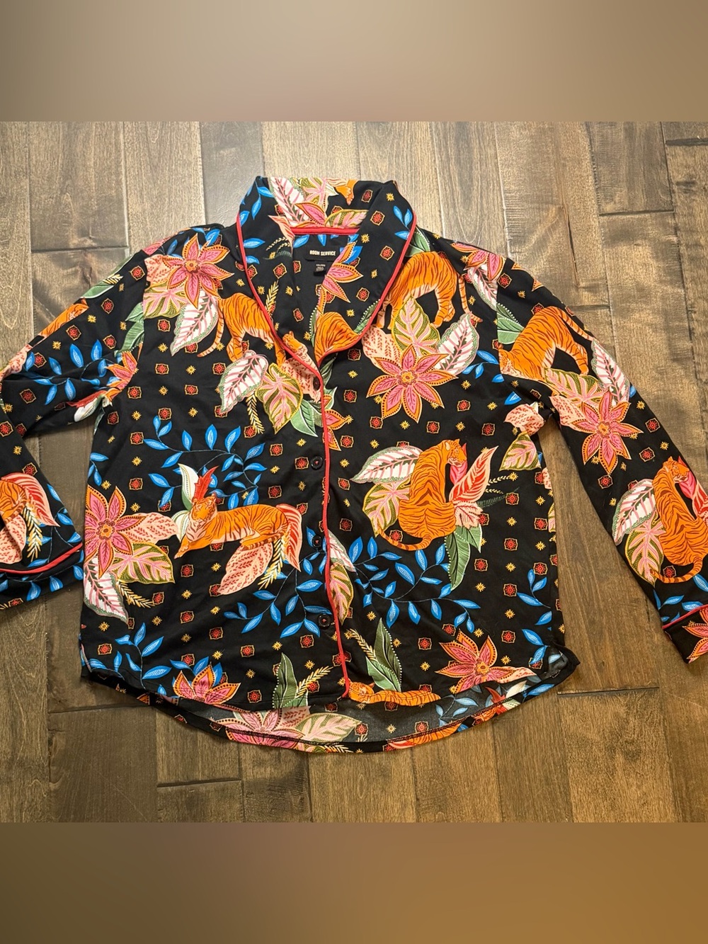 Room Service Floral Tiger Print Pajama Set Womenâs XXL Black Button Front Lounge - Picture 6 of 14
